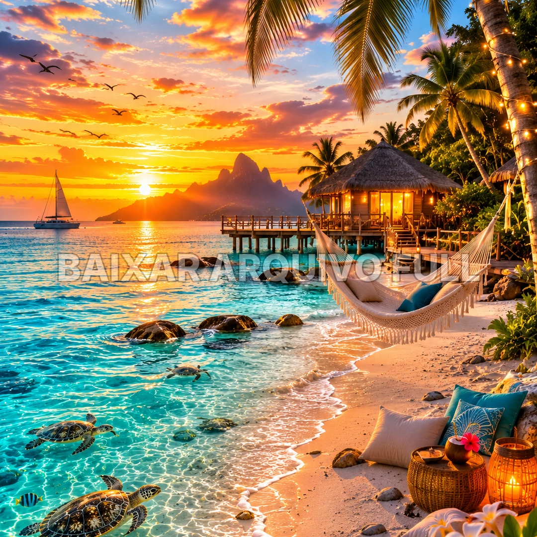 Wallpaper para Celular Bangalô Tropical ao Pôr do Sol | Baixar Agora