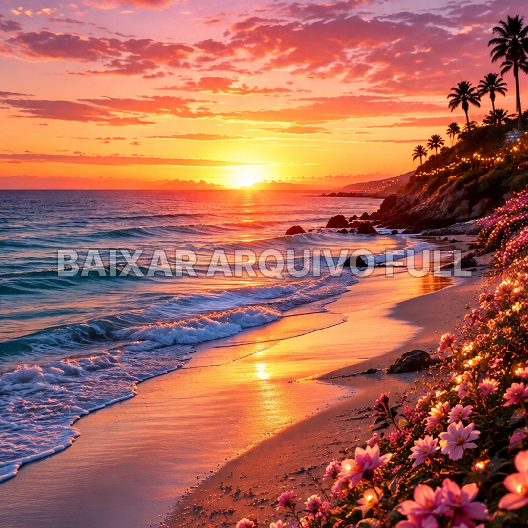 Wallpaper para Celular Pôr do Sol no Mar com Flores | Baixar Agora