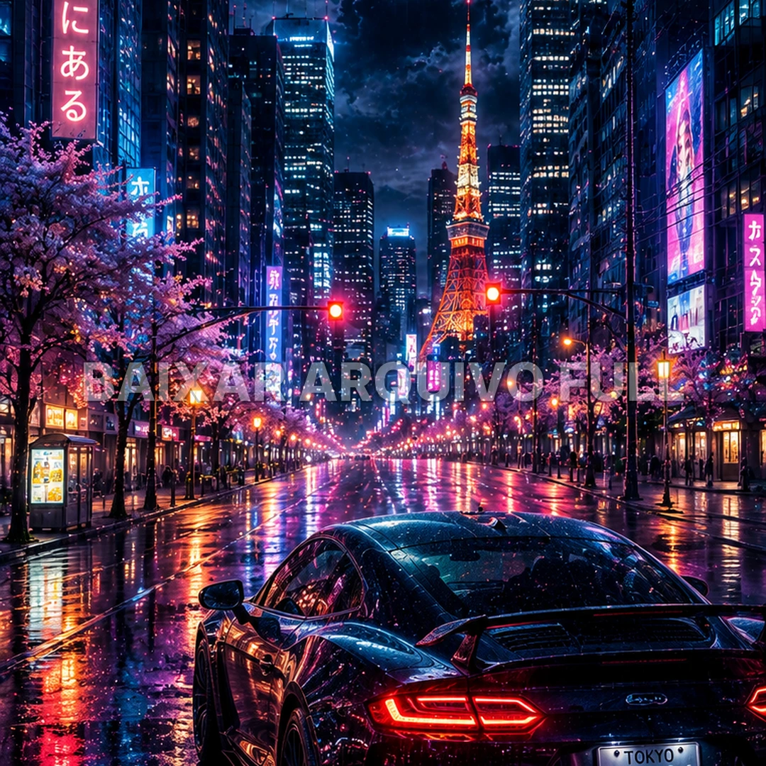 Wallpaper para Celular Cidade Neon Cyberpunk com Carro | Baixar Agora