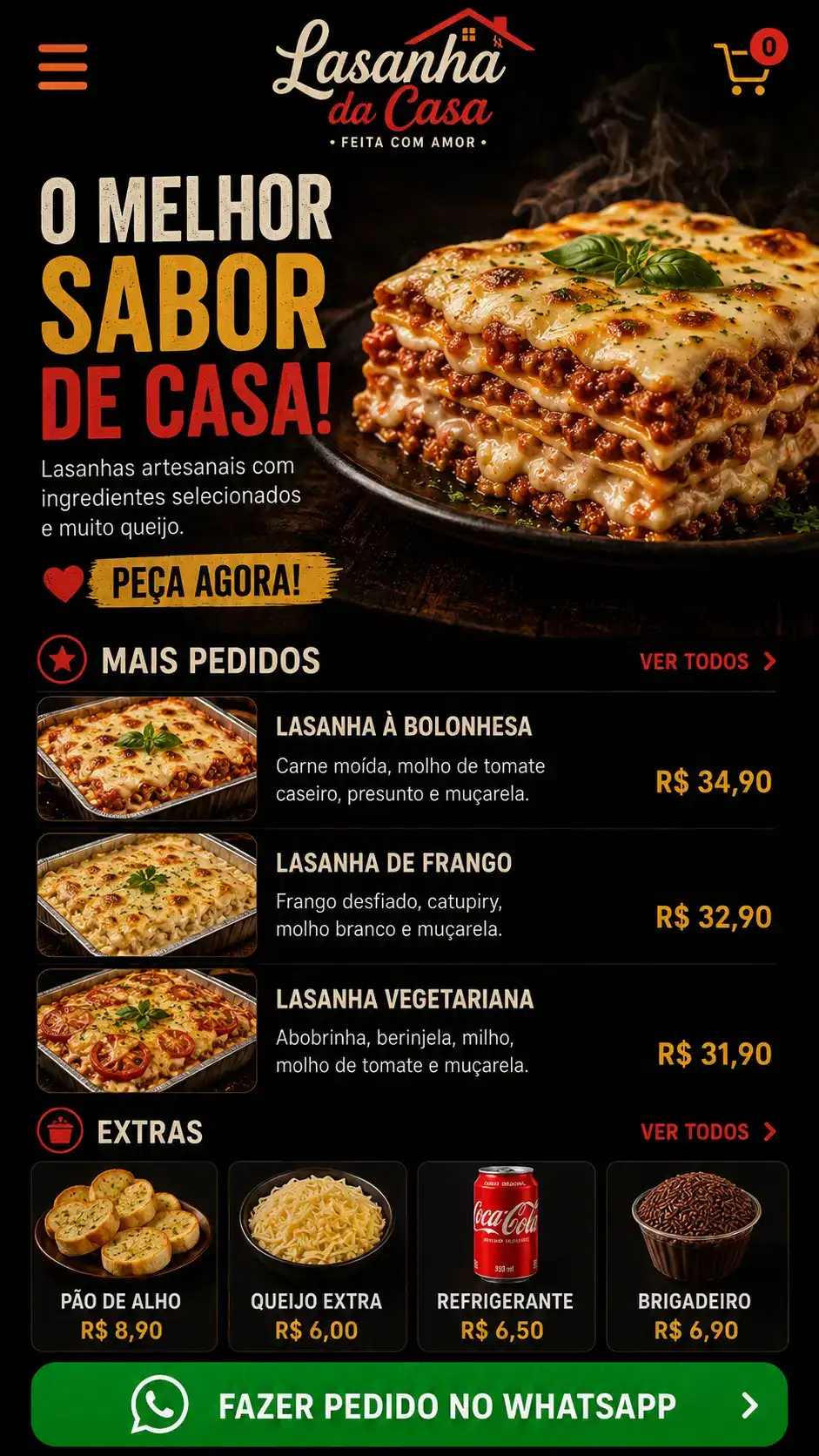 Criação de site para Lasanheria com Cardápio Online