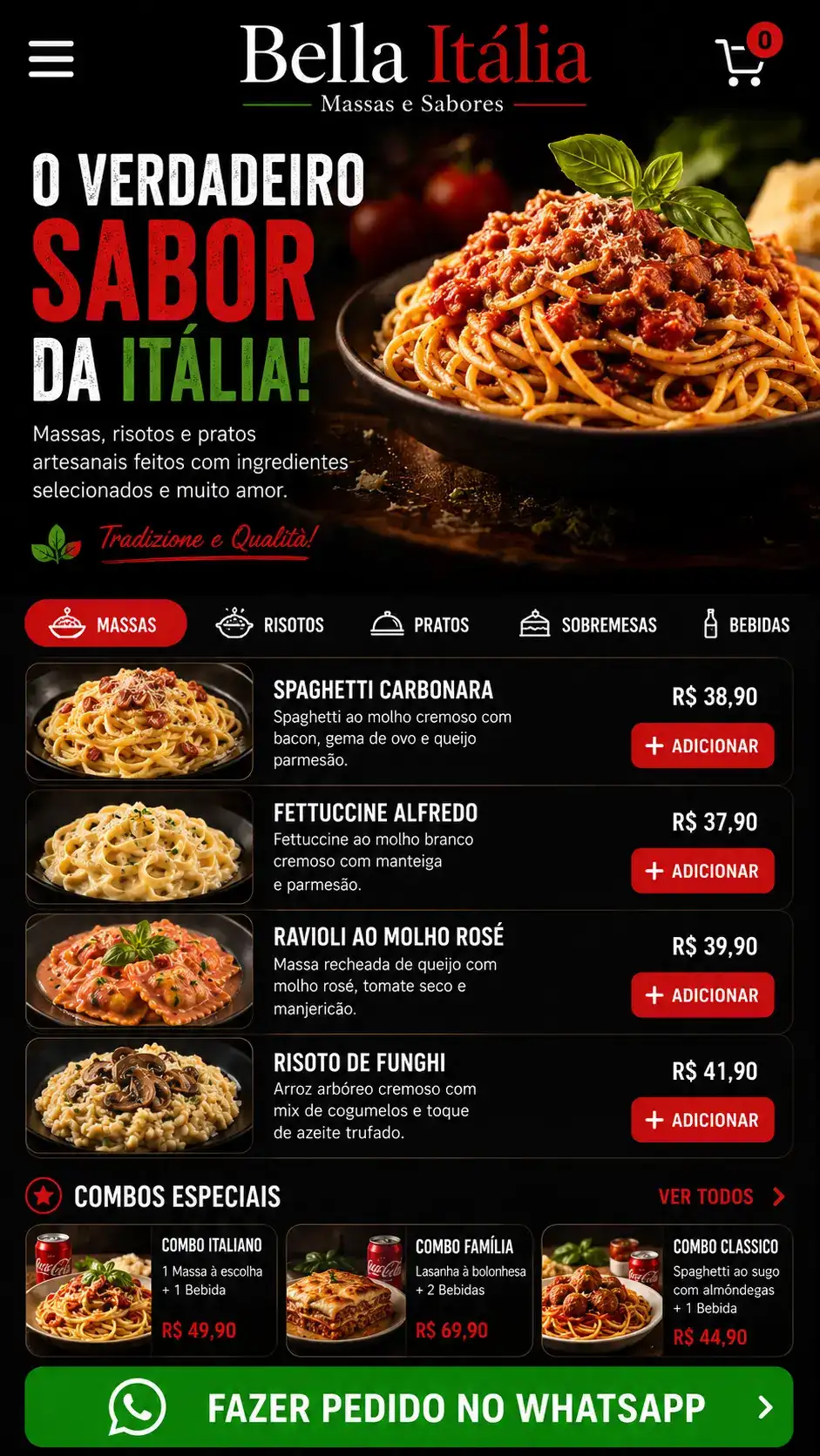 Criação de site para Restaurante Italiano com Pedidos no WhatsApp